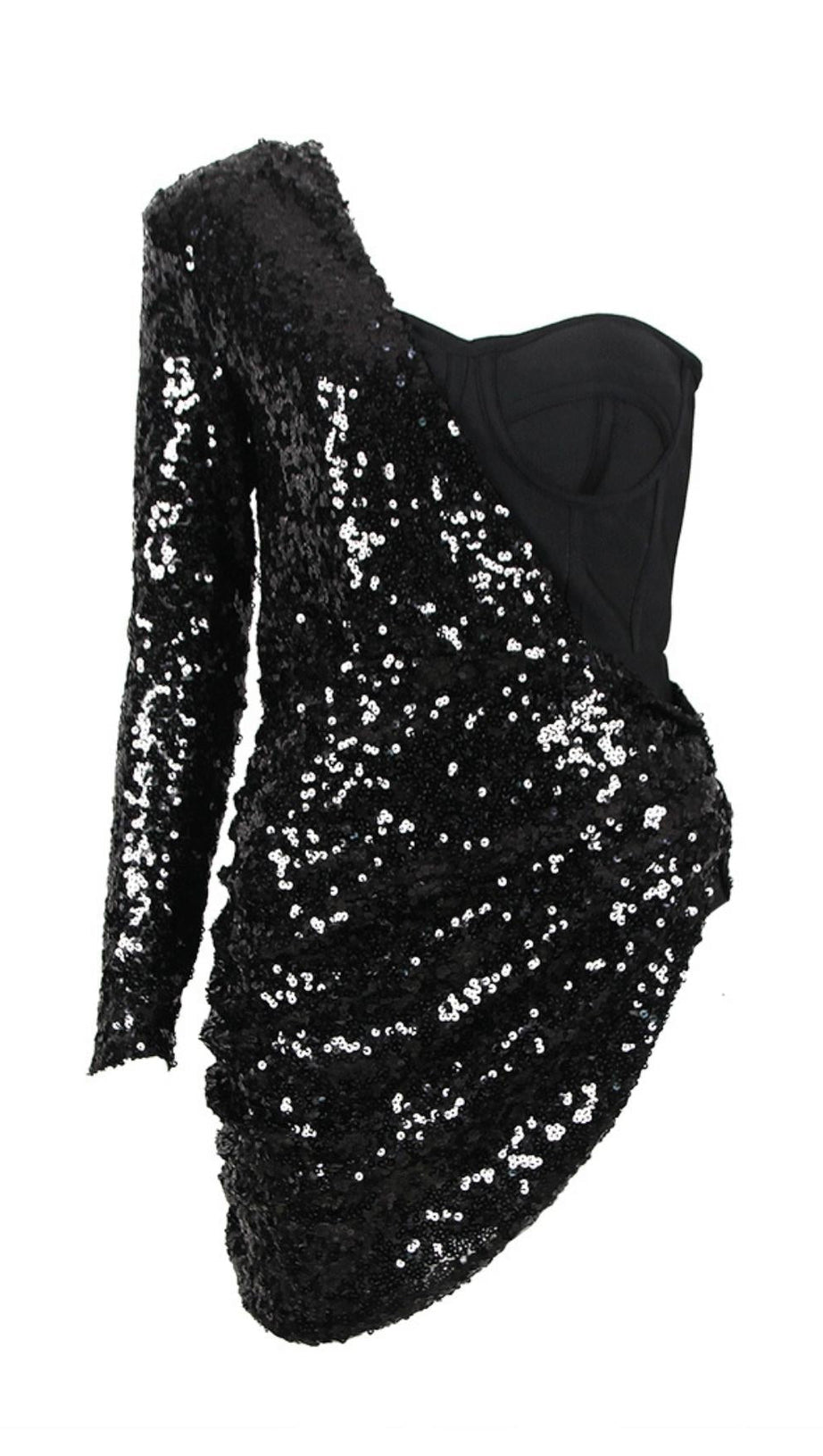 ASYMMETRIC SEQUIN RUCHED MINI DRESS IN BLACK