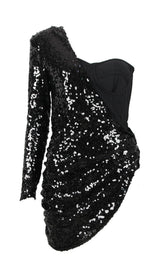 ASYMMETRIC SEQUIN RUCHED MINI DRESS IN BLACK