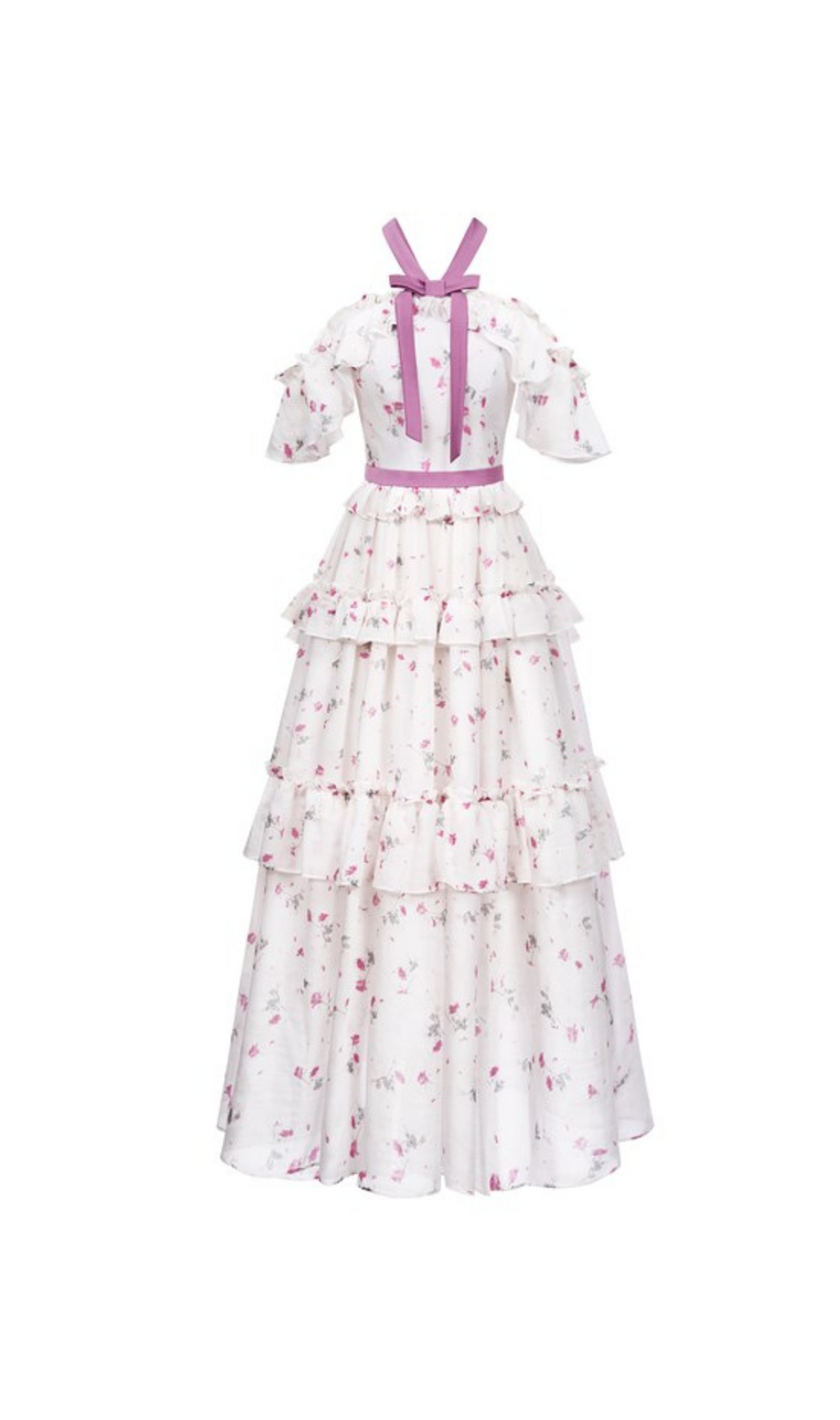 Ausgestelltes Maxikleid mit Blumenmuster, Schleifenkragen und Rüschen