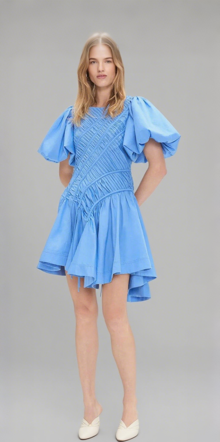 EUDORA ASYMMETRIC PLEATED PUFF SLEEVE MINI DRESS IN MIST BLUE
