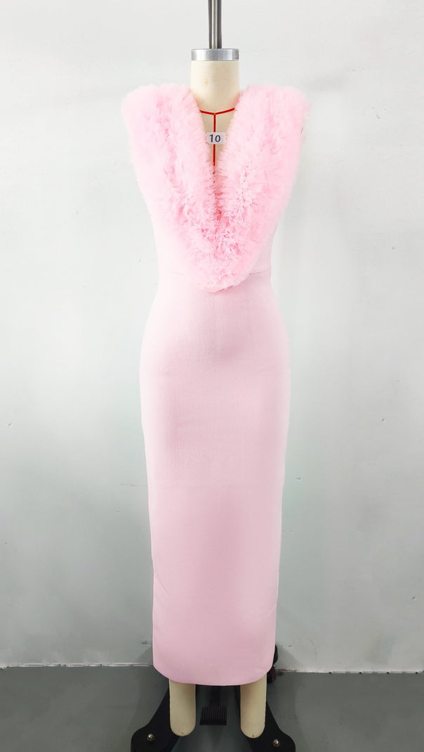 AIIZIE PINK SLEEVELESS FAUX FUR MIDI DRESS - product image