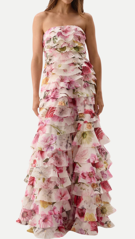 YETTA STRAPLESS FLORAL PRINTED LAYERED MAXI DRESS