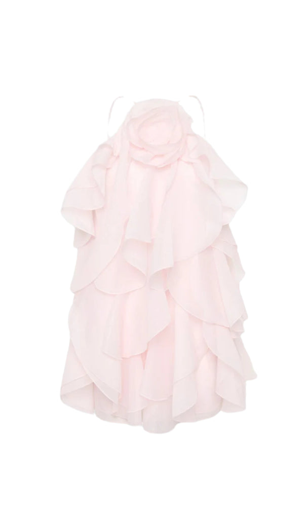 lorraine Halter Floral Ruffle Layered Mini Dress in Pink