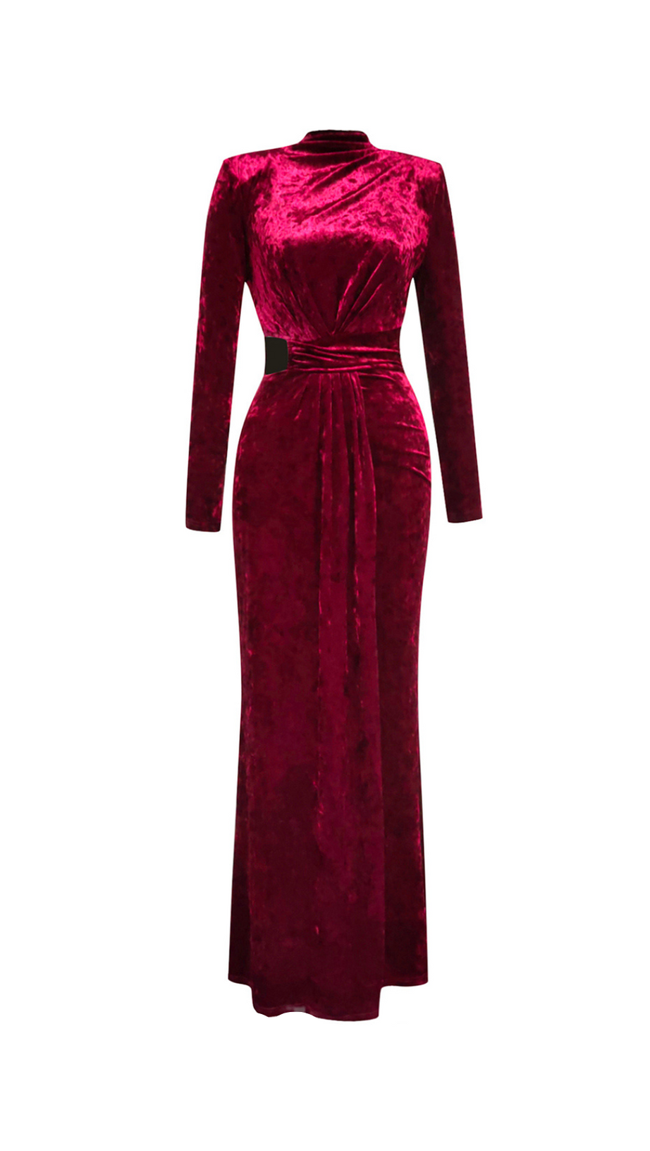 VELVET HIGH NECK HOLLOW WAIST MAXI DRESS IN BURGUNDY