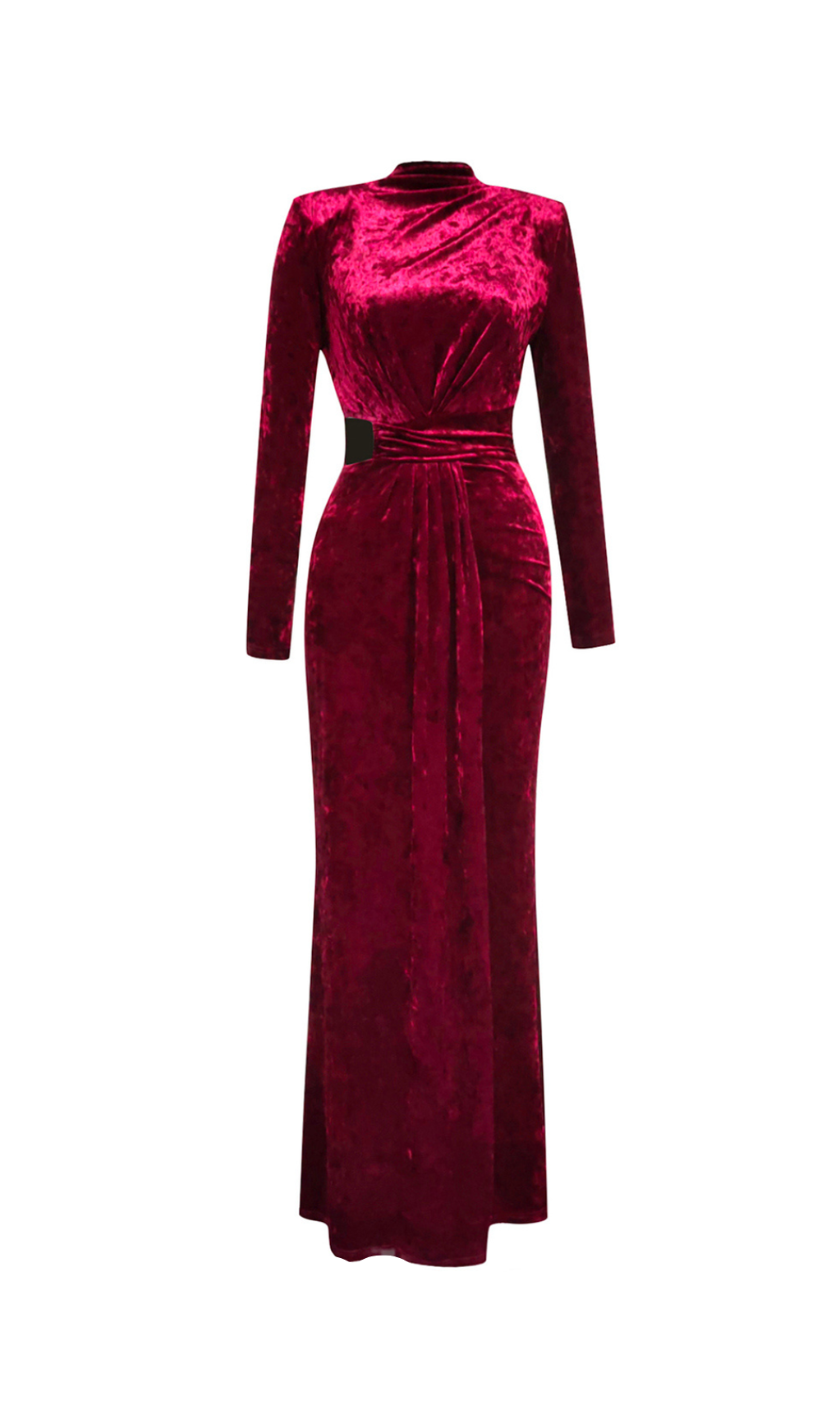 VELVET HIGH NECK HOLLOW WAIST MAXI DRESS IN BURGUNDY