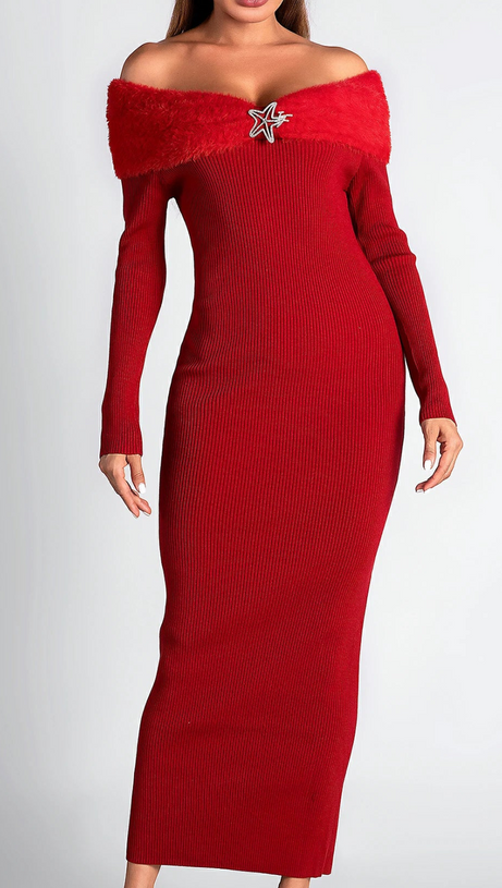 ASTRID OFF SHOULDER KNIT FUR MIDI DRESS IN RED