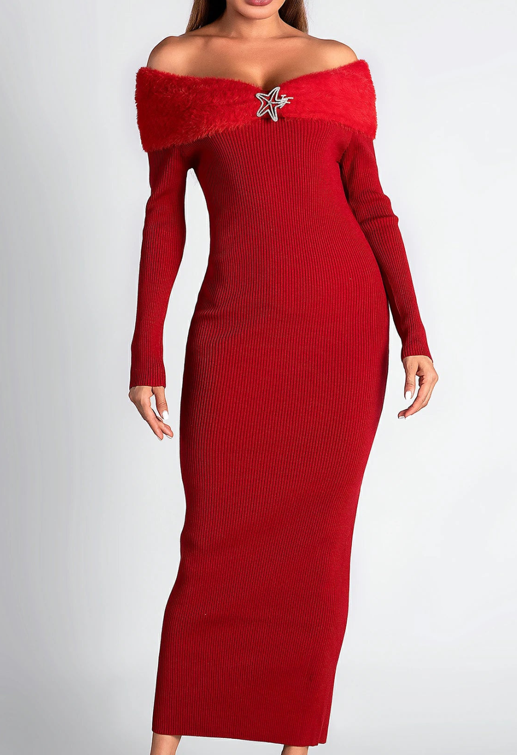 ASTRID OFF SHOULDER KNIT FUR MIDI DRESS IN RED