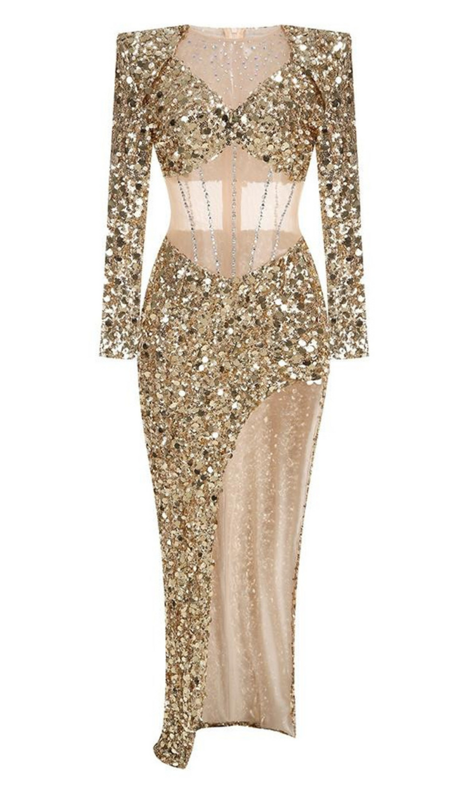 abito lungo a maniche lunghe con paillettes color oro