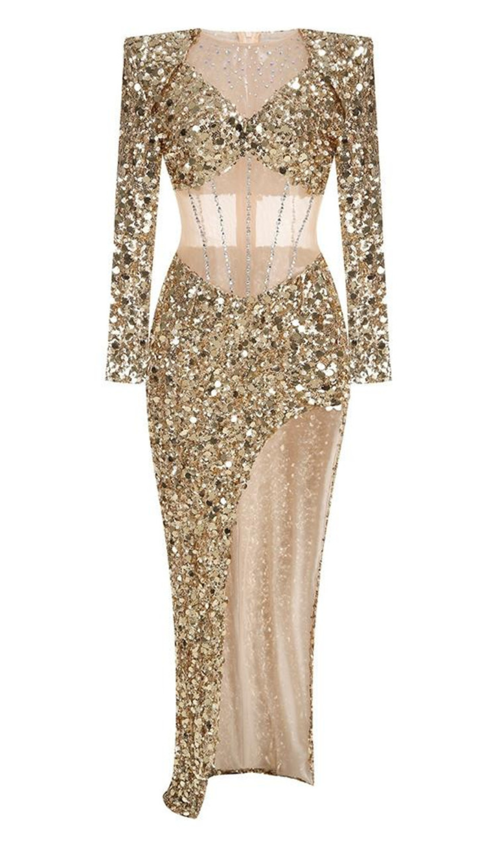 Langärmliges Maxikleid mit Pailletten in Gold