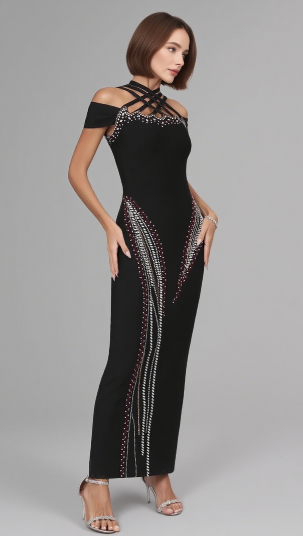 AIIZIE OFF SHOULDER CRISSCROSS RHINESTONE EMBELLISHED MIDI DRESS IN BLACK - product image