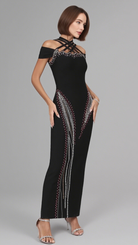 Schulterfreies, mit Strass verziertes Midikleid in Schwarz