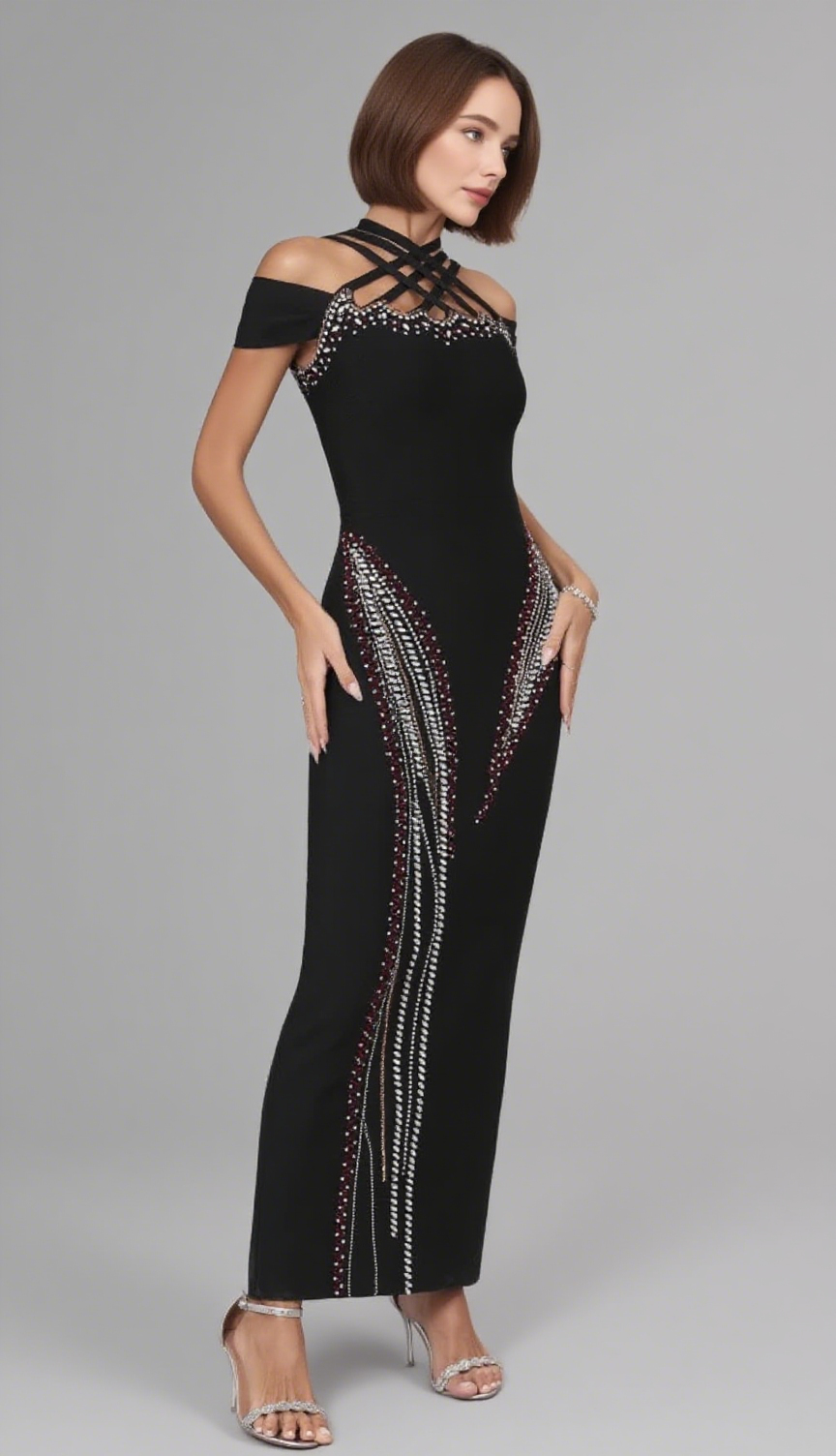 Schulterfreies, mit Strass verziertes Midikleid in Schwarz