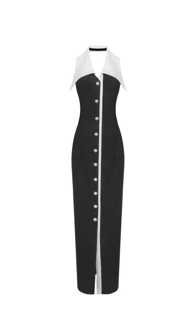 AIIZIE PEARL-BUTTON HALTER BLACK MAXI DRESS - product image