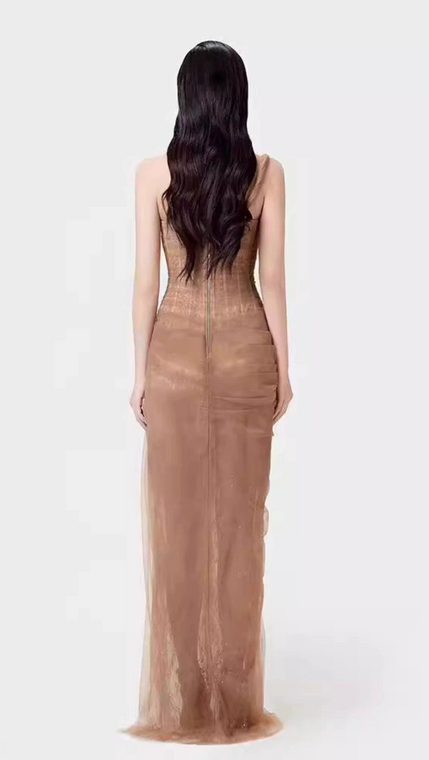 AIIZIE ONE SHOULDER MESH RUCHED MIDI DRESS - product image