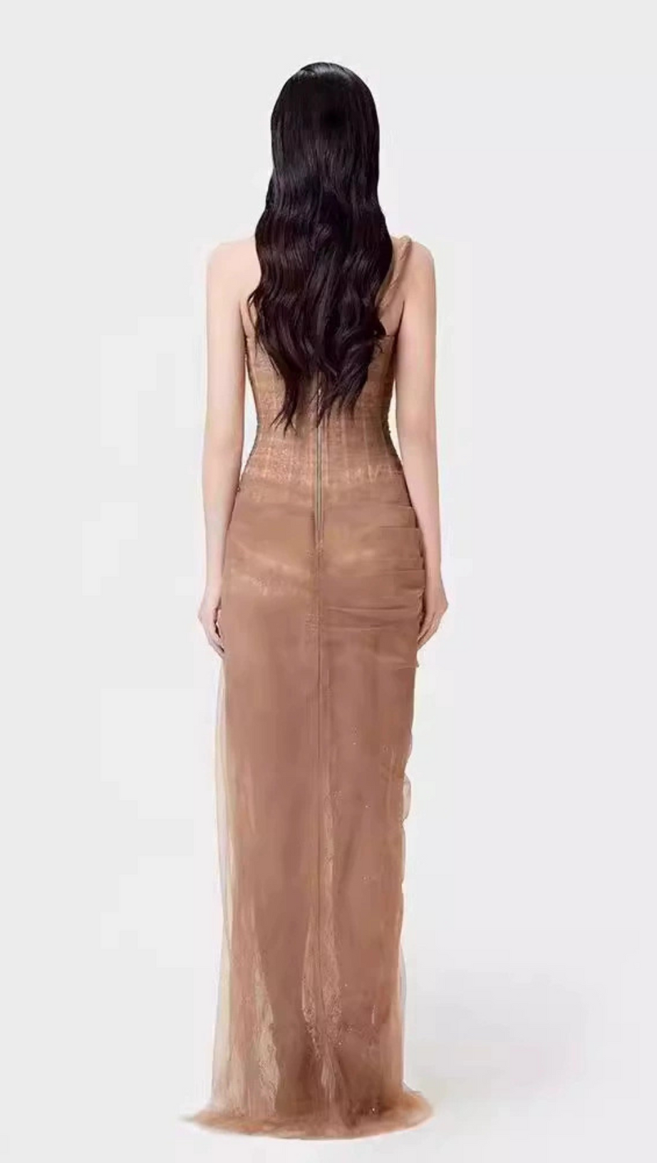 MIDIKLEID AUS MESH MIT RÜSCHEN UND EINER SCHULTER