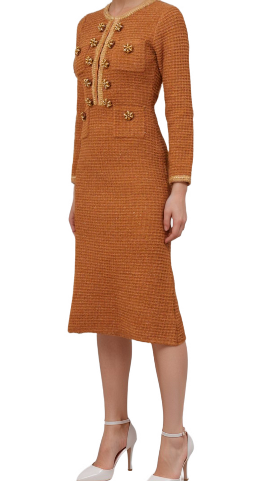 AMELIA BRAIDED-EDGE TWEED MIDI DRESS IN BROWN