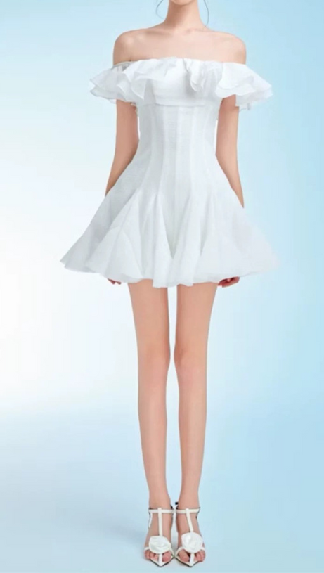 STEPHANIE OFF-SHOULDER RUFFLE TRIM MINI DRESS IN WHITE