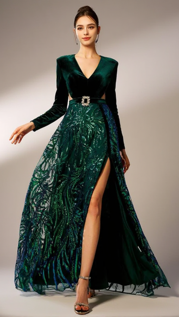 AIIZIE HIGH SLIT SEQUIN LONG SLEEVE MAXI DRESS IN GREEN - product image