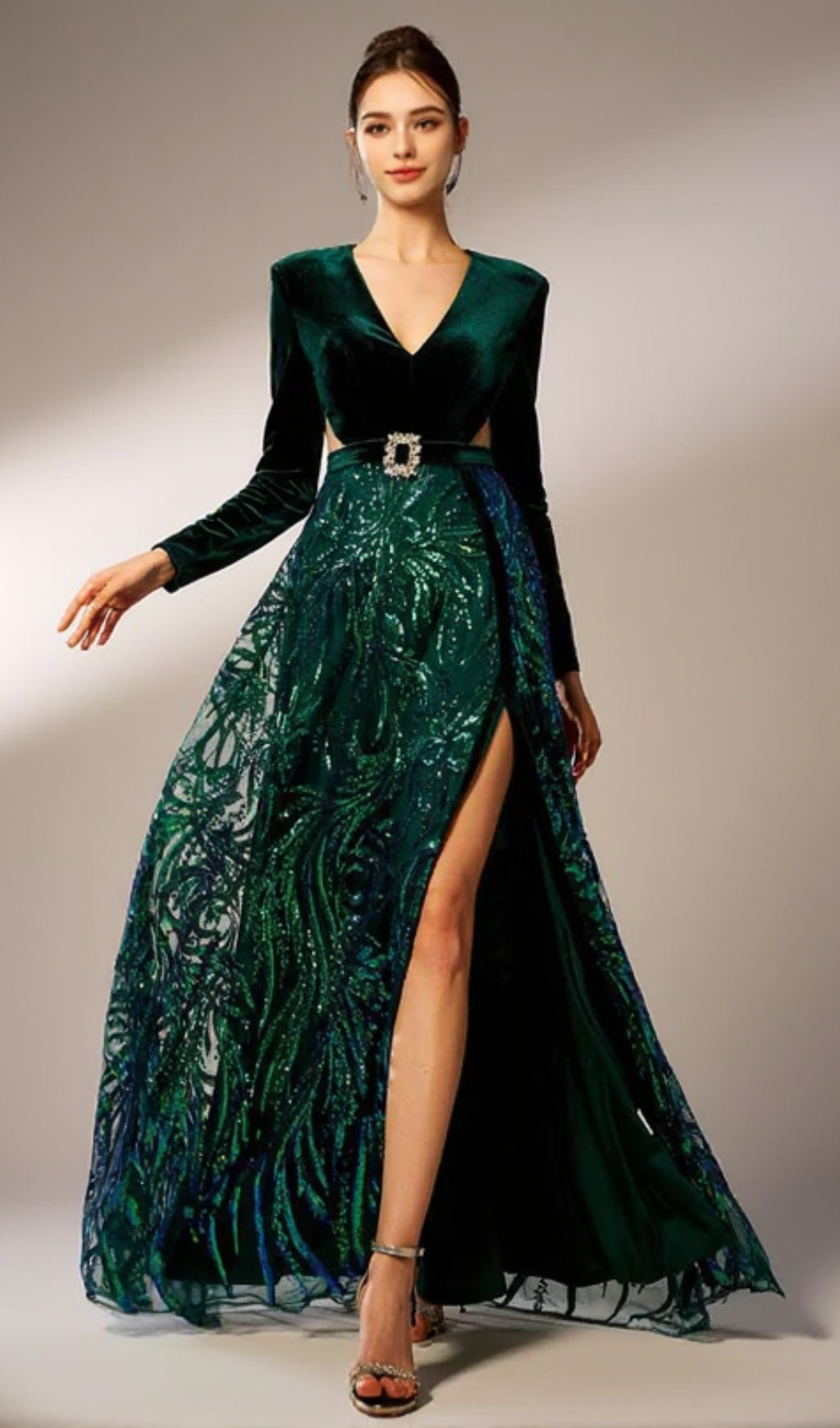 HIGH SLIT SEQUIN LONG SLEEVE MAXI DRESS IN GREEN