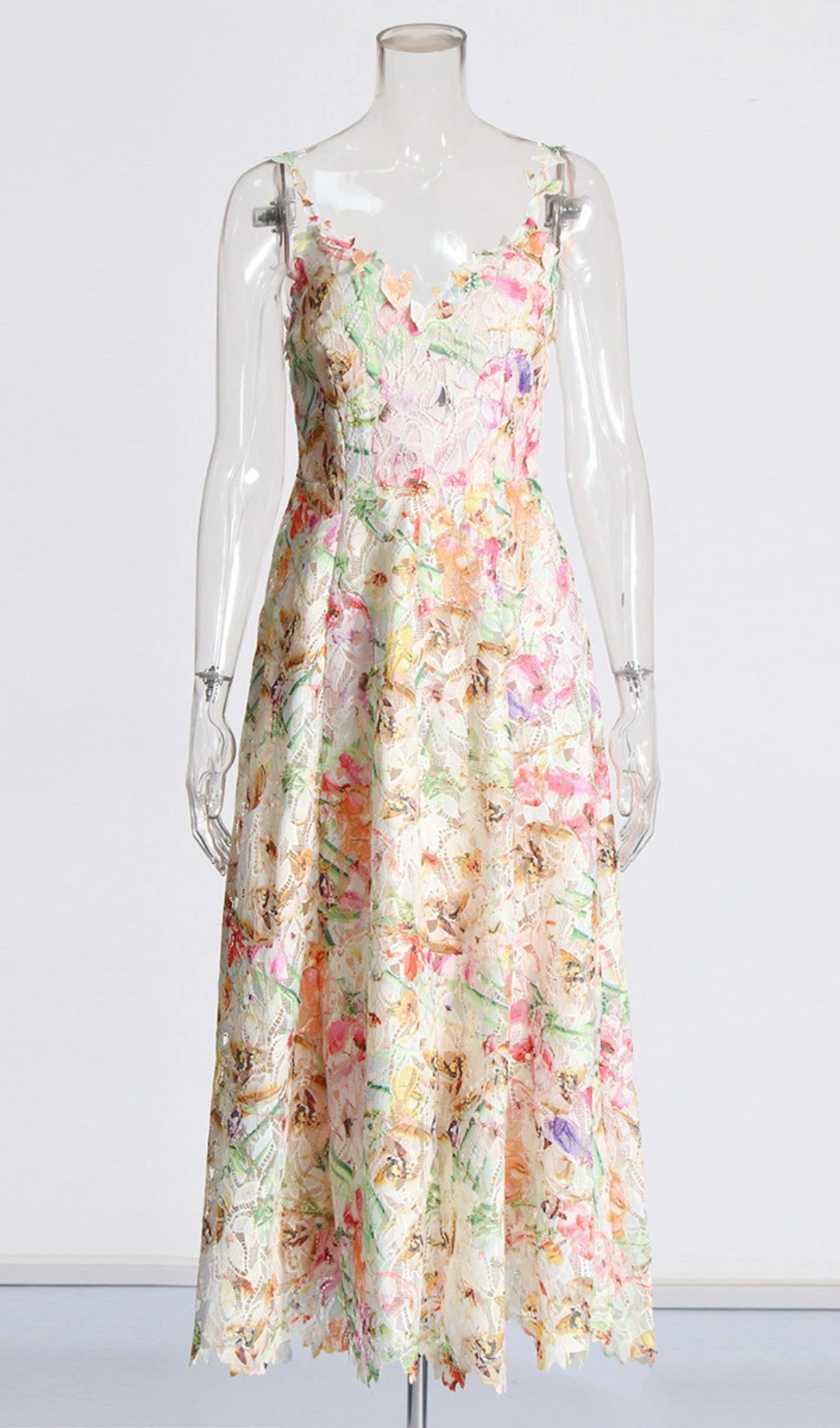 ABITO MIDI RICAMATO CON FIORI MULTICOLOR