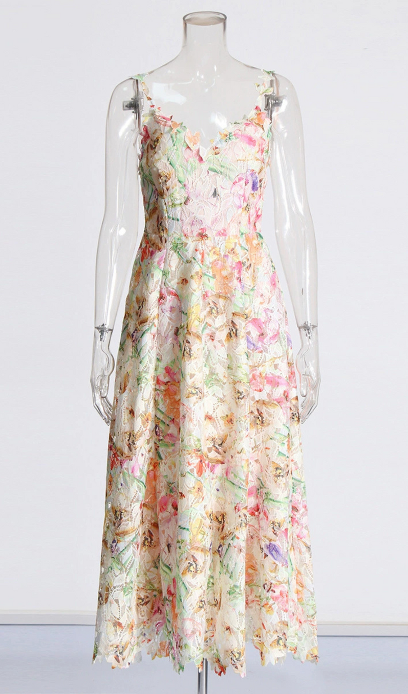 MULTICOLOR FLORAL EMBROIDERED MIDI DRESS