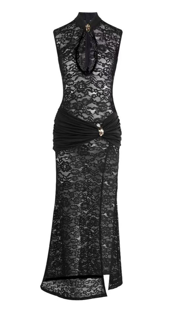 AIIZIE SULTRY BLACK LACE CHEONGSAM GOWN WITH RUCHED WAIST AND MANDARIN COLLAR - product image