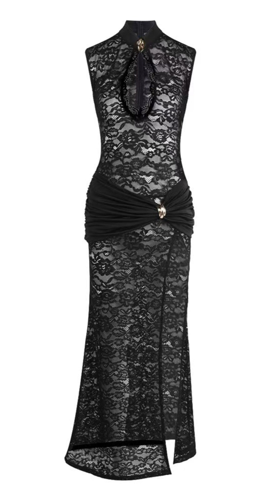 SULTRY BLACK LACE CHEONGSAM GOWN WITH RUCHED WAIST AND MANDARIN COLLAR