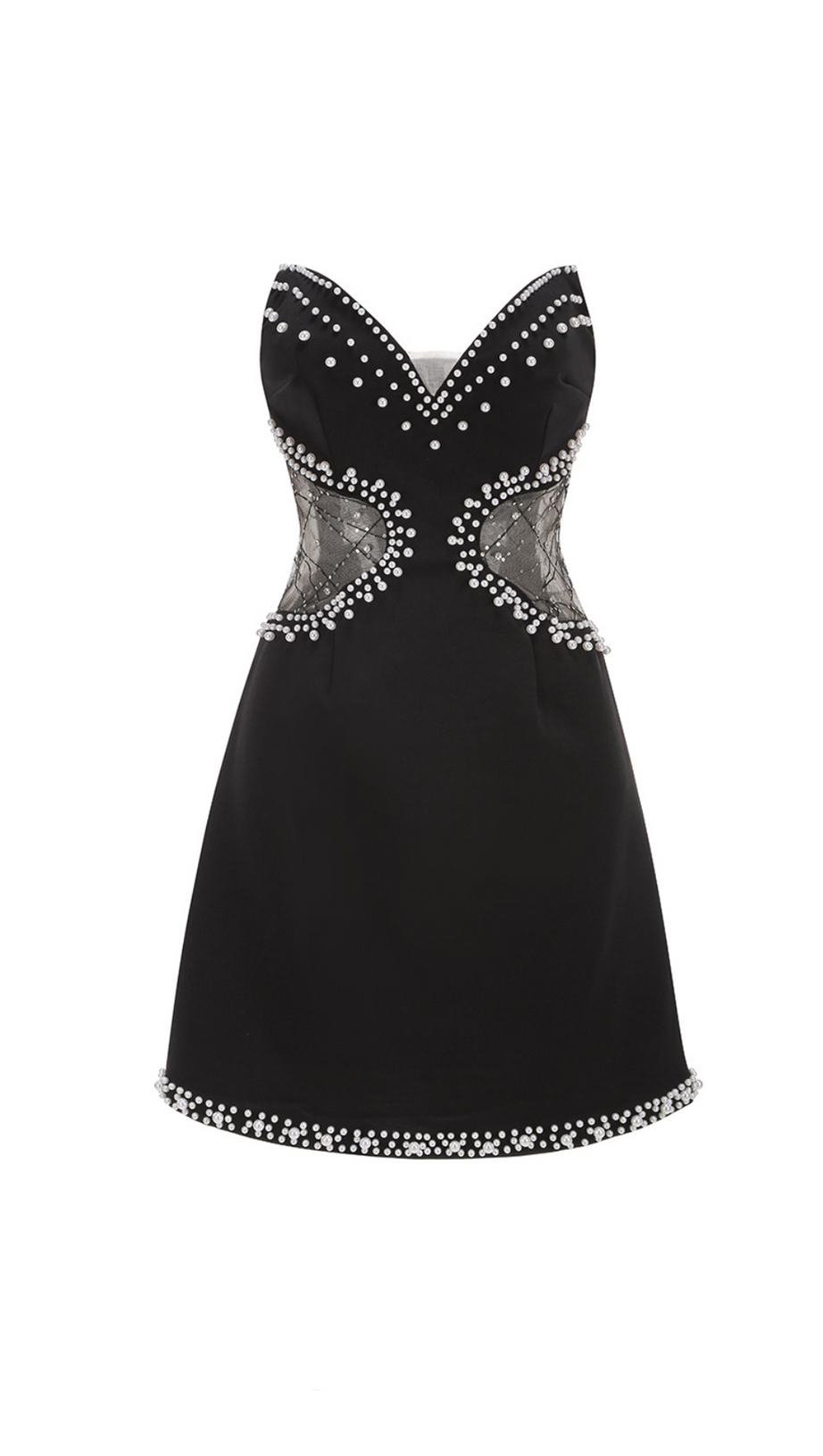 SYMMETRICAL TULLE PEARL EMBELLISHED MINI DRESS IN BLACK