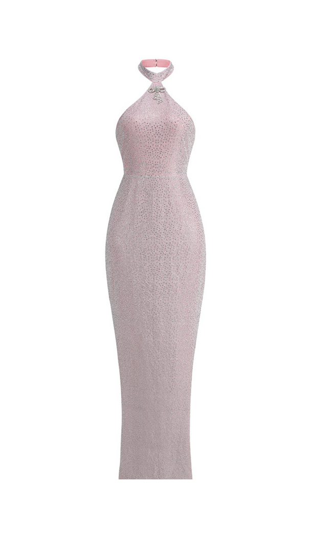 AIIZIE HALTER BACKLESS CRYSTAL EMBELLISHED MAXI DRESS IN PINK - product image