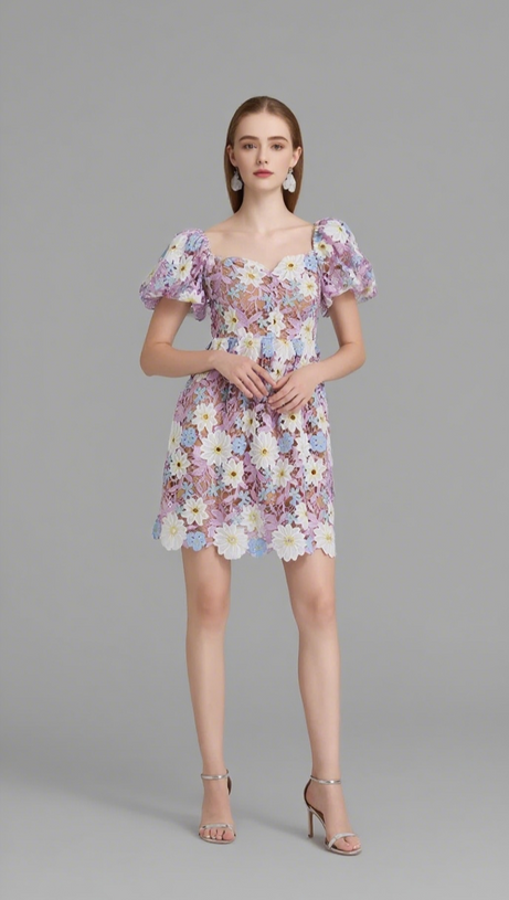 WINIFRED HOLLOW HOOK LACE MINI DRESS IN PURPLE