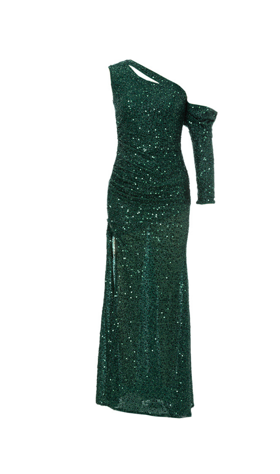Asymmetrisches Maxikleid mit Pailletten und Cut-Outs in Grün