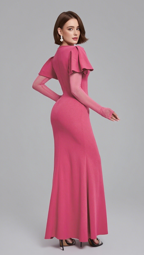 RUFFLED SLEEVE MESH - INSERT MERMAID MAXI DRESS IN PINK