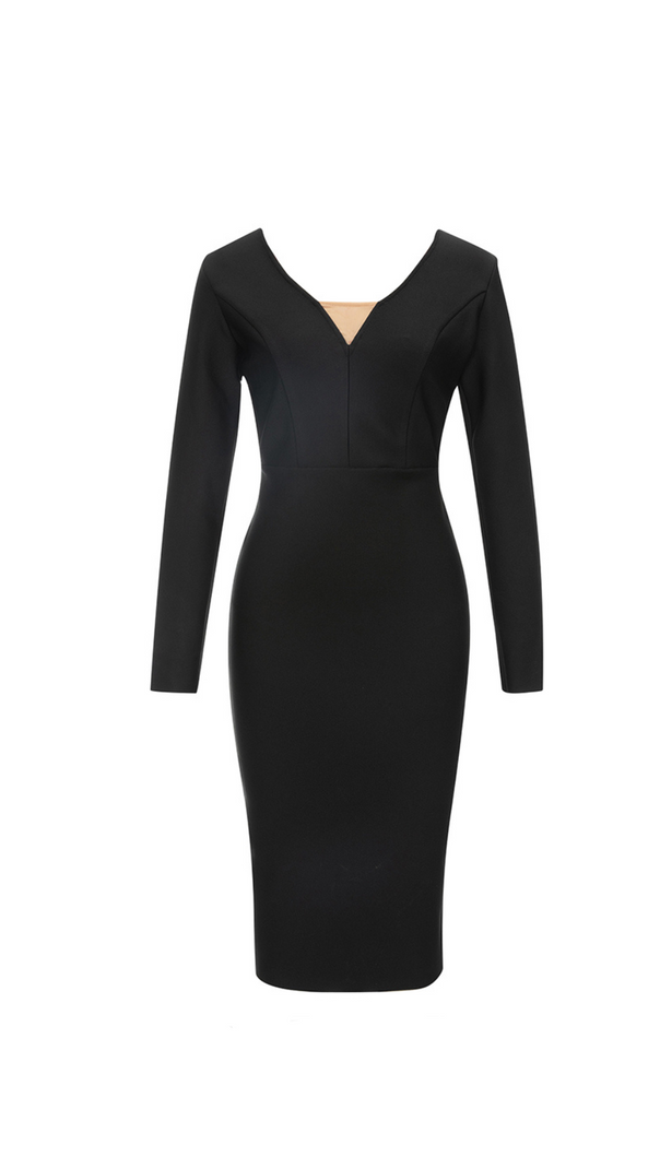 AIIZIE JANICE V NECK LONG SLEEVE BODYCON MIDI DRESS IN BLACK - product image
