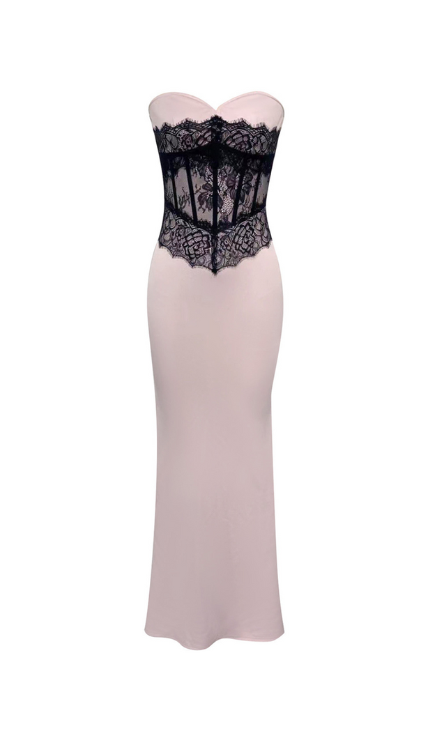 AIIZIE STRAPLESS BLACK LACE CORSET MAXI DRESS IN PINK - product image