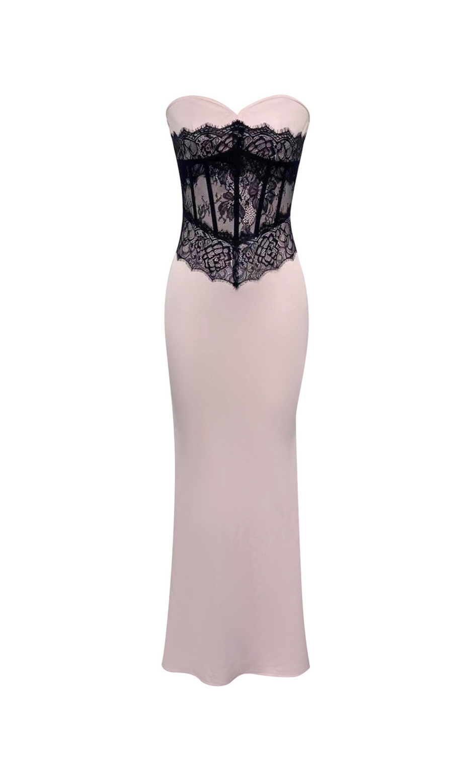 Trägerloses schwarzes Spitzen-Korsett-Maxikleid in Pink