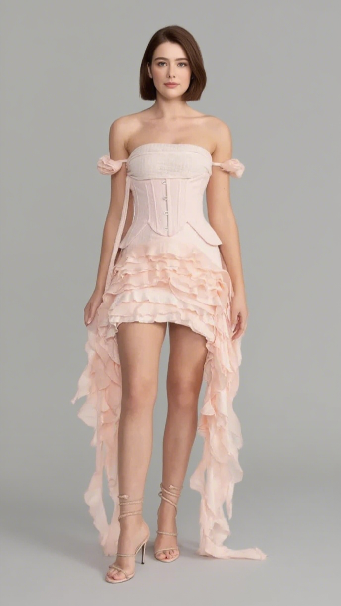 VINTAGE INSPIRED CORSET DRESS WITH RUCHED BUSTIER AND FLOWING RUFFLED SIDE DETAILS - PINK