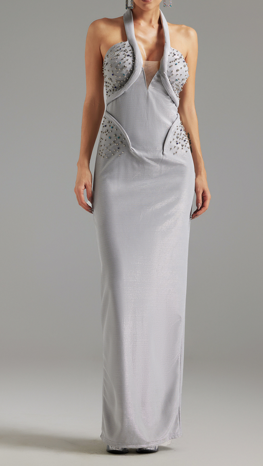 DIAMOND EMBELLISHED HALTER MAXI DRESS IN SILVER