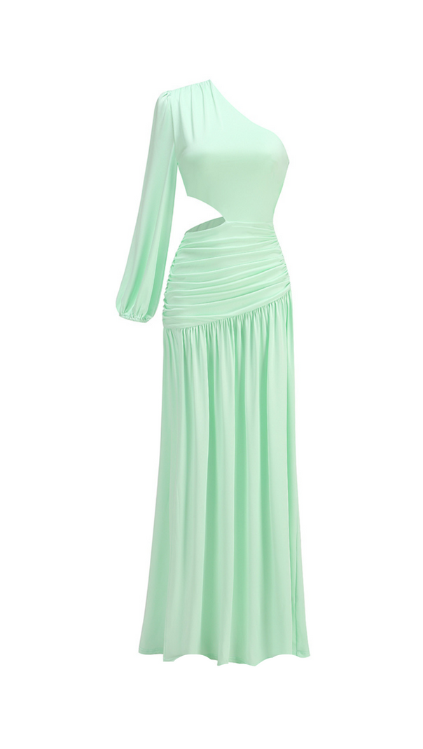 AIIZIE BERYL ONE SLEEVE CUTOUT RUCHED MAXI DRESS IN GREEN - product image