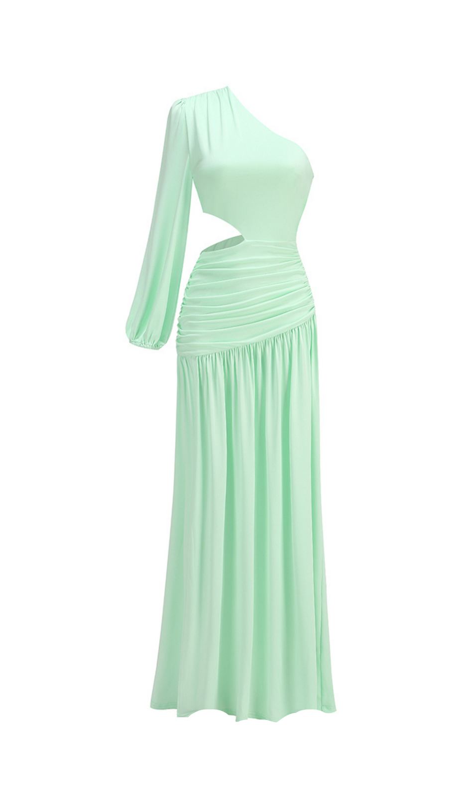 BERYL ONE SLEEVE CUTOUT RUCHED MAXI DRESS IN GREEN