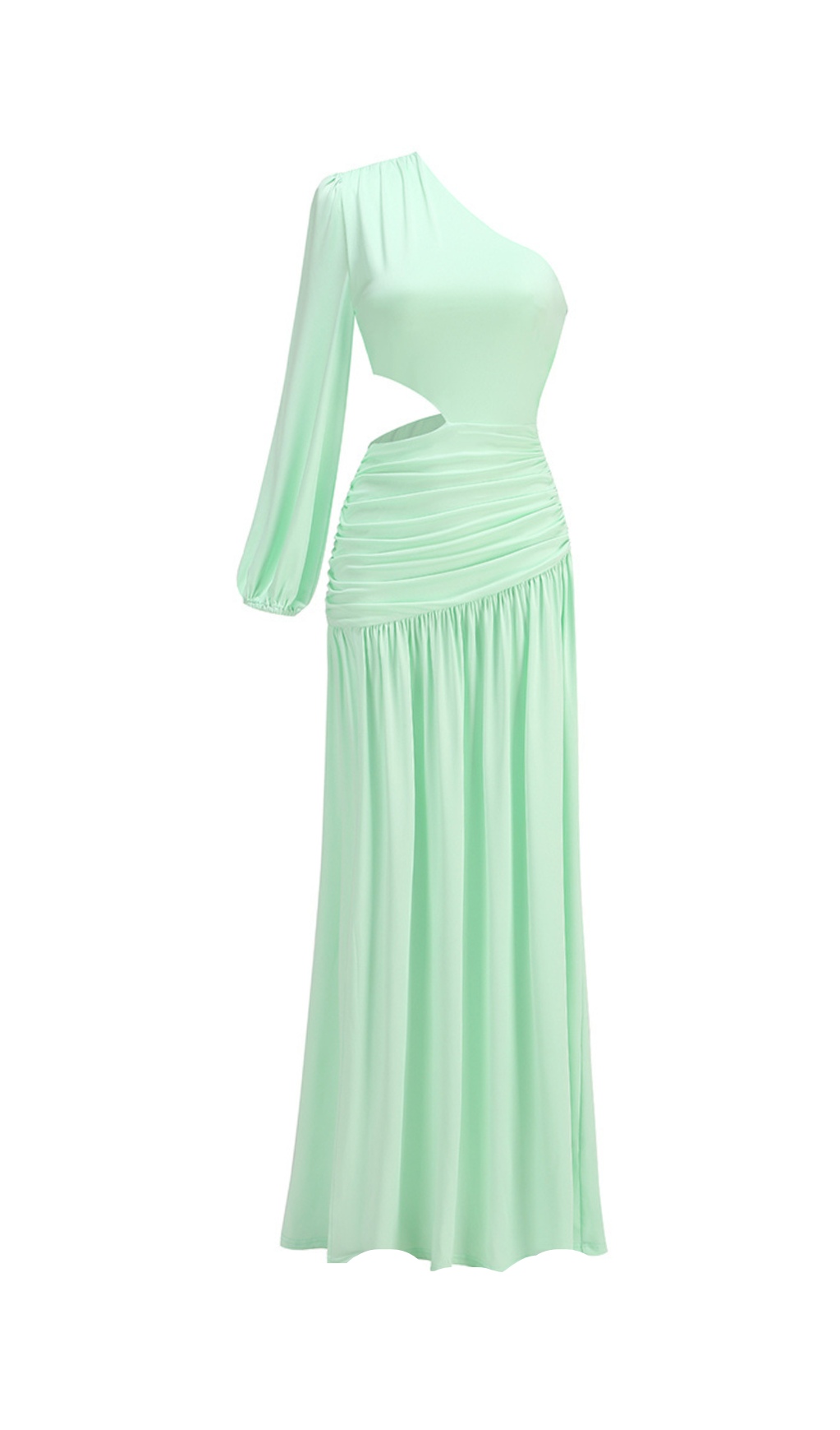BERYL ONE SLEEVE CUTOUT RUCHED MAXI DRESS IN GREEN