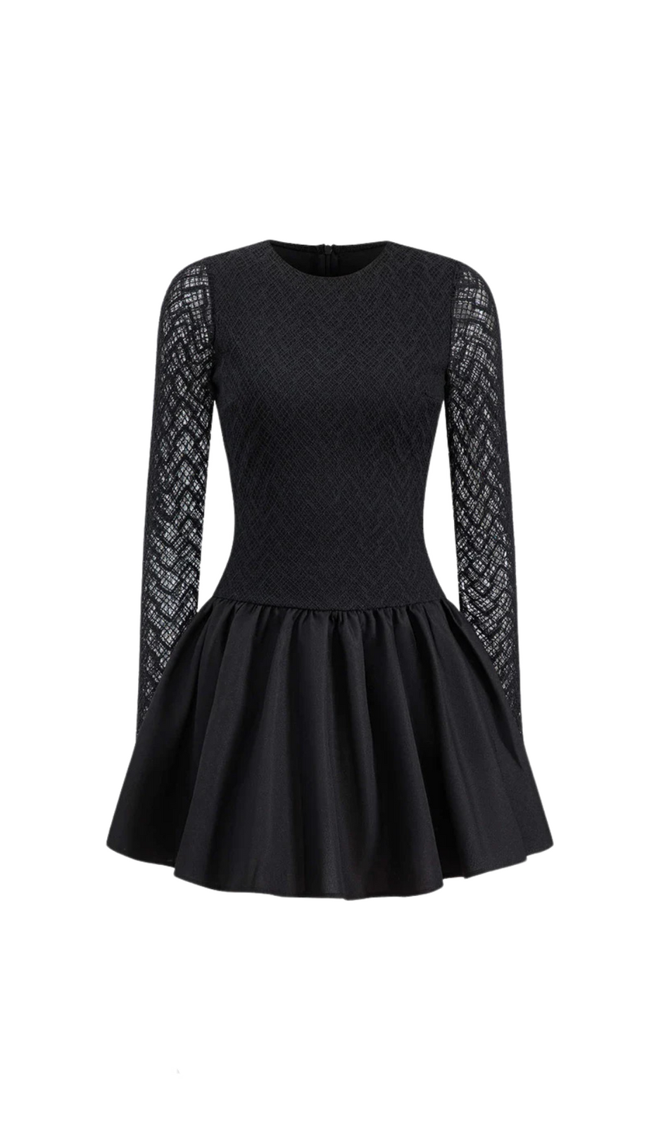 LACE PATCHWORK PUFF MINI DRESS IN BLACK