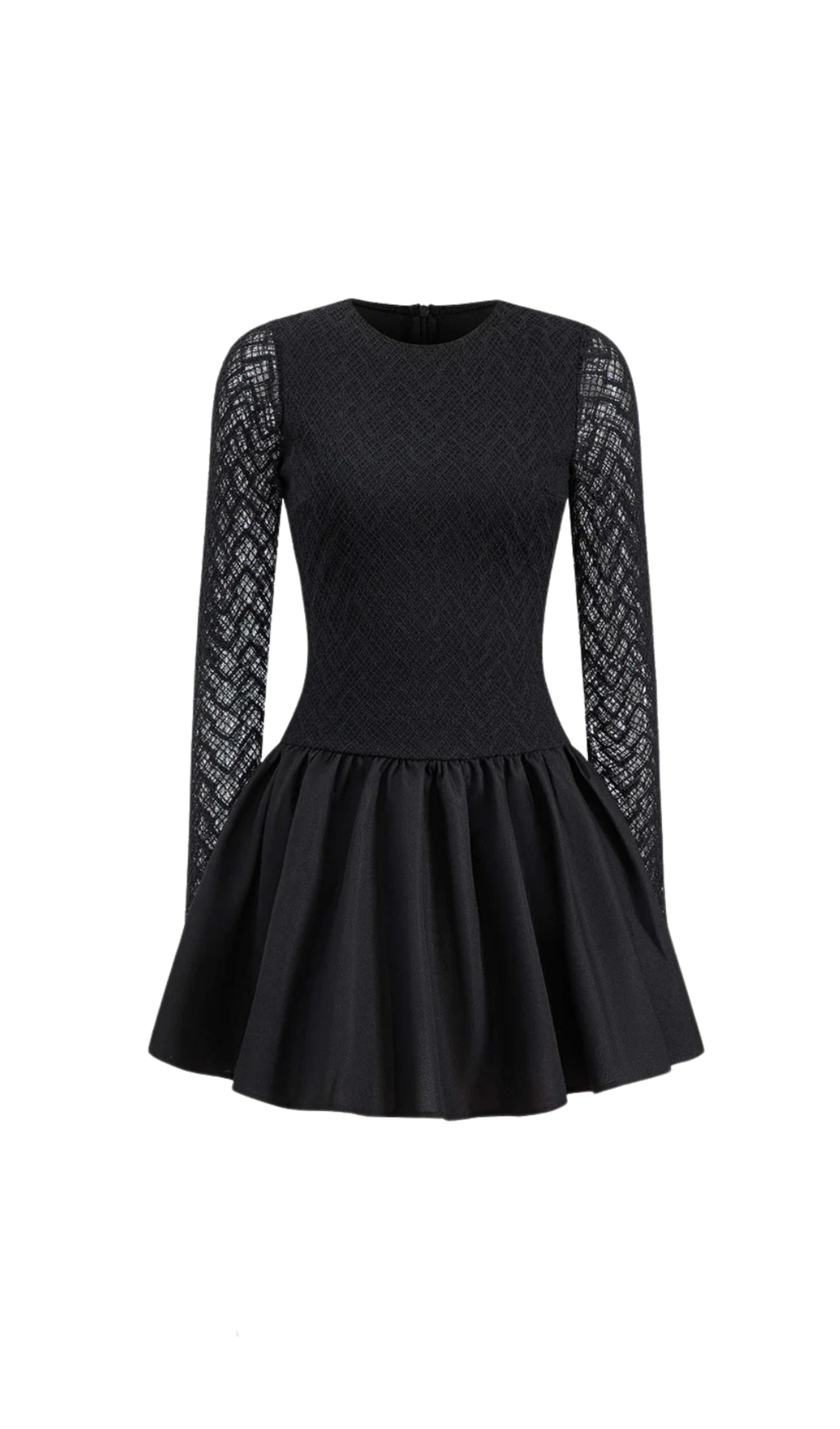 LACE PATCHWORK PUFF MINI DRESS IN BLACK