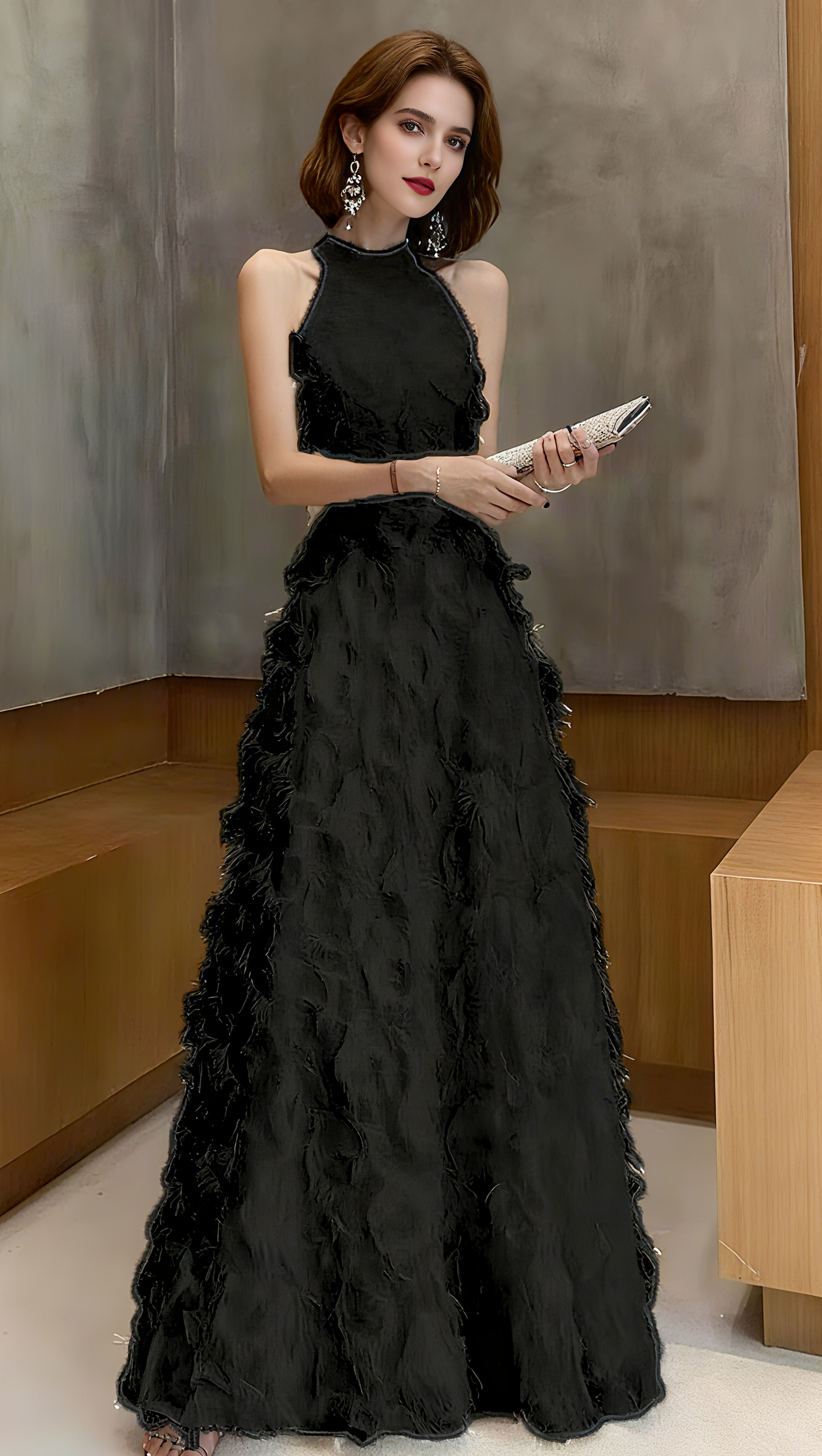 HALTER FEATHER TASSEL MAXI DRESS