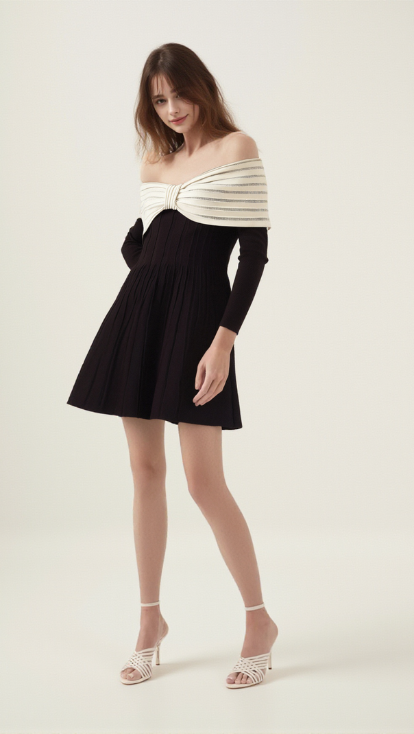 AIIZIE JUSTINE BLACK OFF-SHOULDER BOW KNIT MINI DRESS - product image
