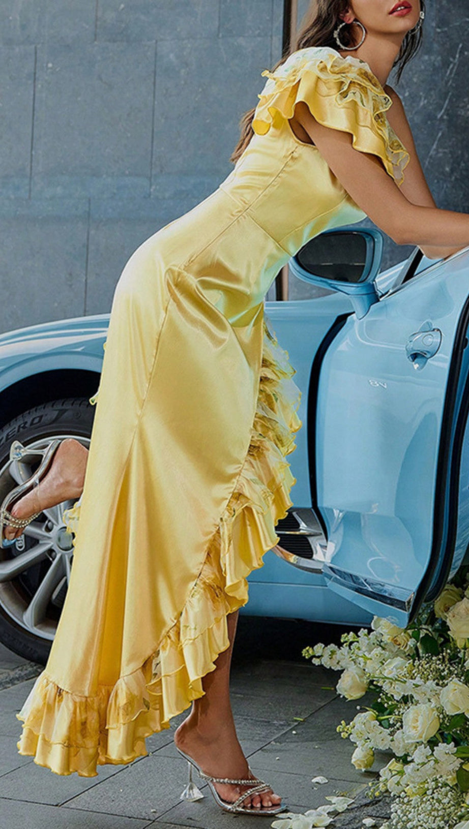 SATIN RUFFLE MAXI DRESS