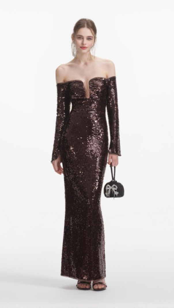 AIIZIE LONG SLEEVE SEQUIN MAXI DRESS IN BROWN - product image