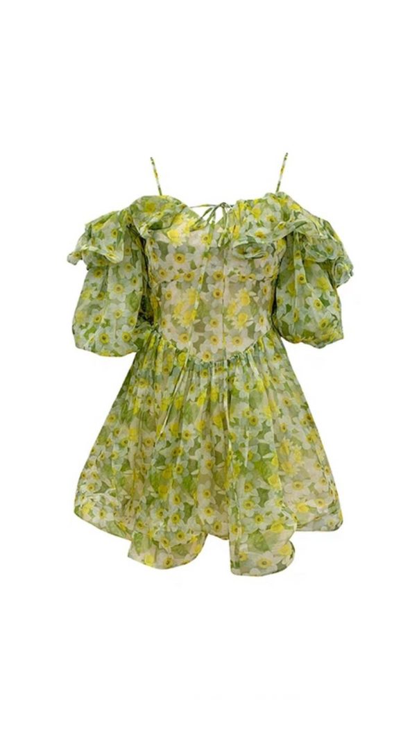 AIIZIE ANNA PRINTED RUFFLE TRIM MINI DRESS IN GREEN - product image
