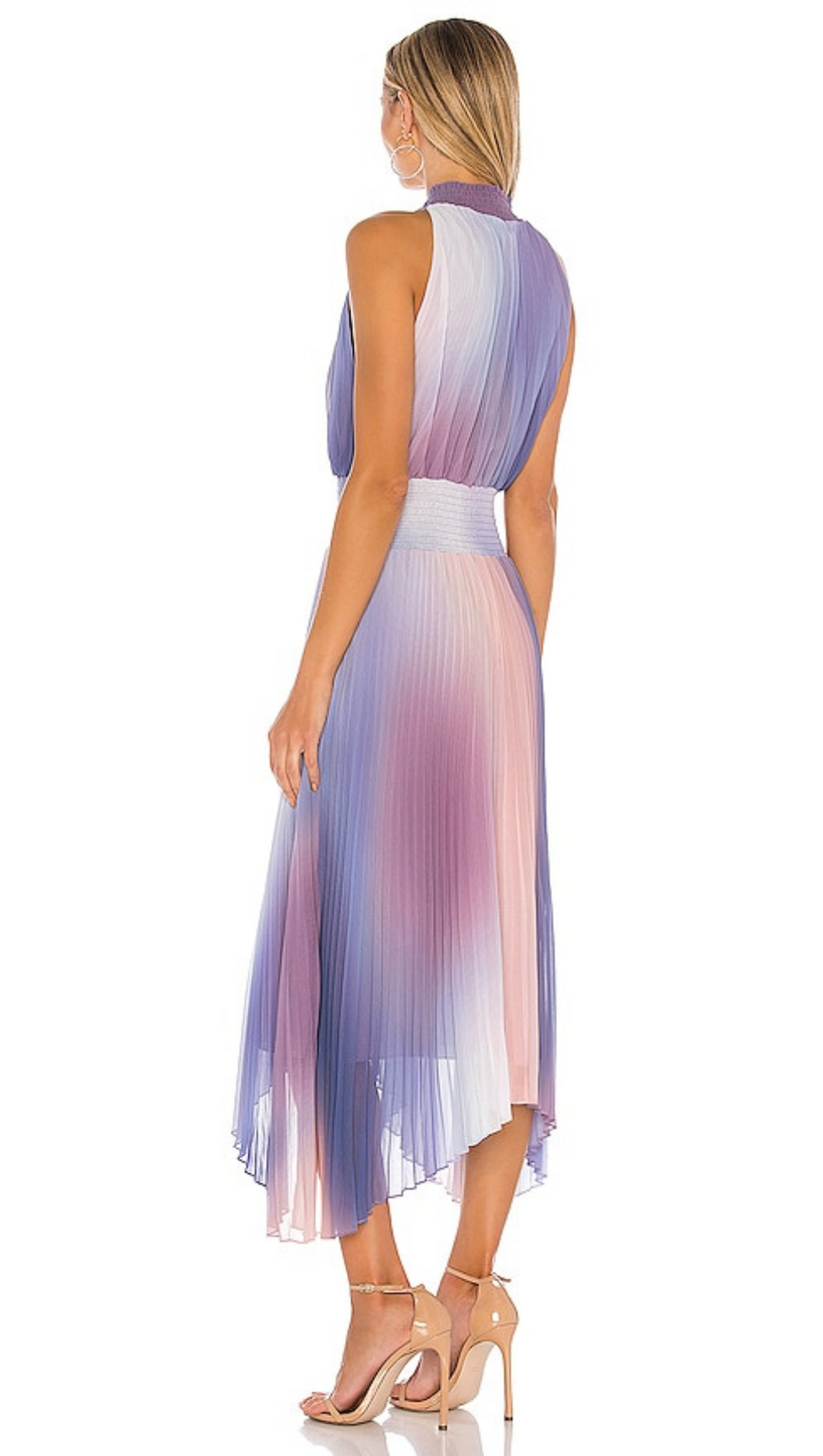 HALTER NECK PLEATED MIDI DRESS IN LAVENDER TIE DYE