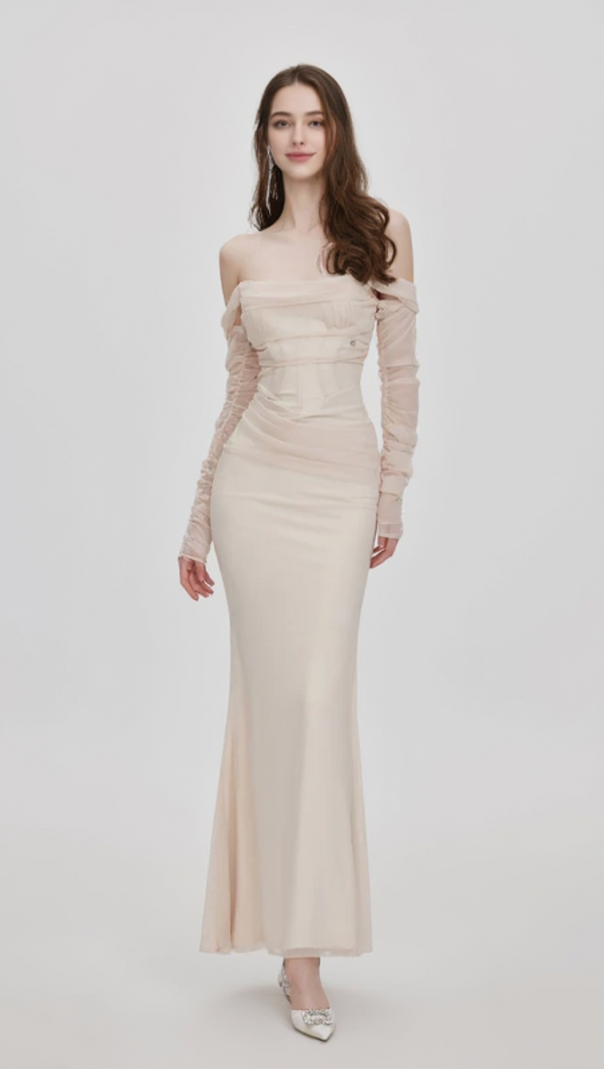 AIIZIE ARIEL APRICOT MESH OFF-SHOULDER MERMAID MAXI DRESS - product image