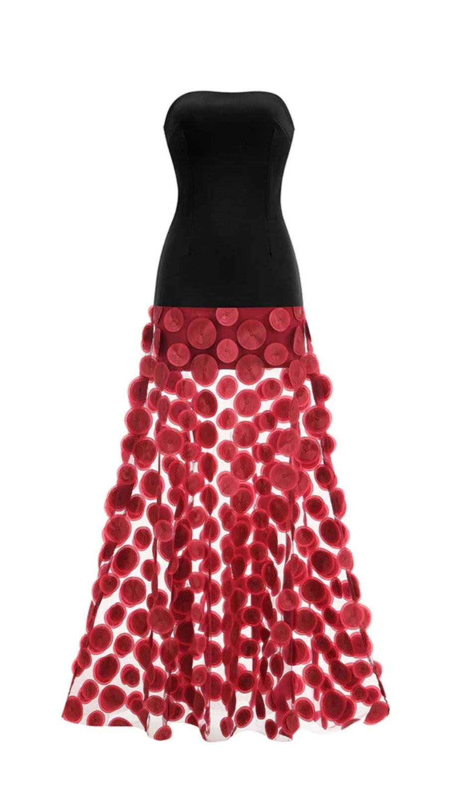 NODIN STRAPLESS DOT MESH MAXI DRESS IN RED